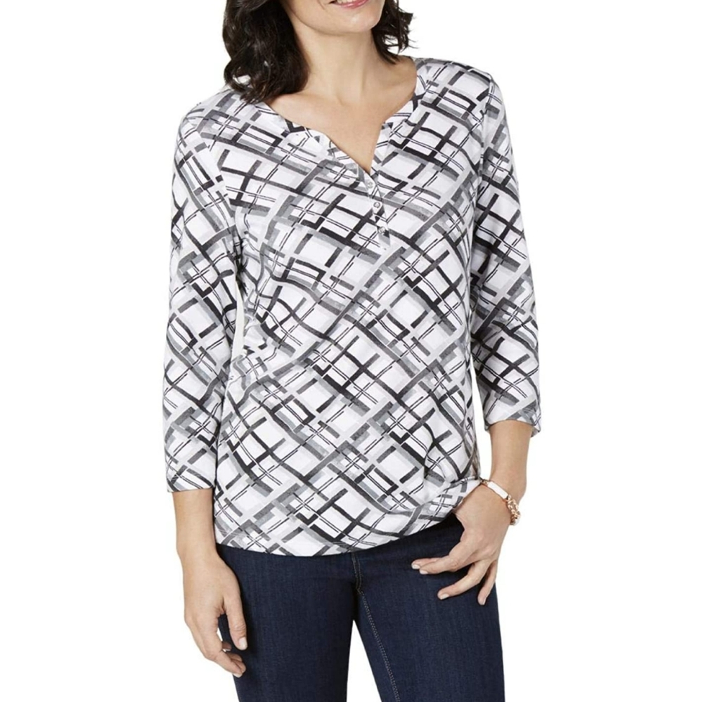 Karen Scott Plaid Henley T-Shirt Black & White PS